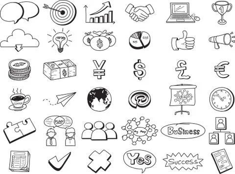 Vector icons business doodle set isolated on white background. Freehand style Stock Illustration