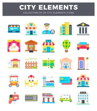 Vector icons of city elements and buildings on white Illustrazione stock