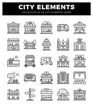 Vector icons of city elements on a white background 스톡 일러스트