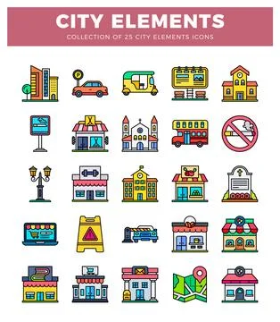 Vector icons collection of city elements and buildings on white background Stock Illustration