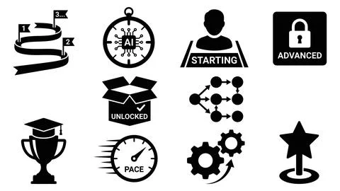 Vector icons depicting educational progress, AI advancement, and profession.. Stock Illustration