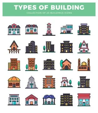 Vector icons of diverse building types with colorful flat design on white Stock Illustration