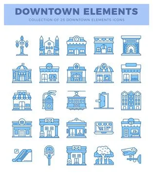 Vector icons of downtown elements. flat design with blue outline on white b.. Stock Illustration