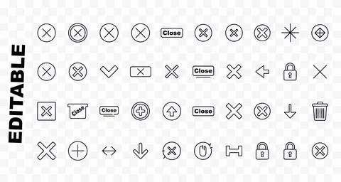 Vector icons featuring close buttons, checkmarks, arrows, padlocks, and symbols Stock Illustration