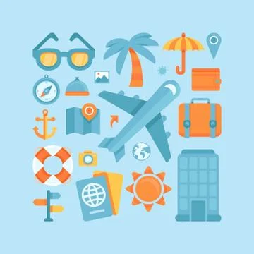 Vector icons in flat style - travel and vacation Stock Illustration