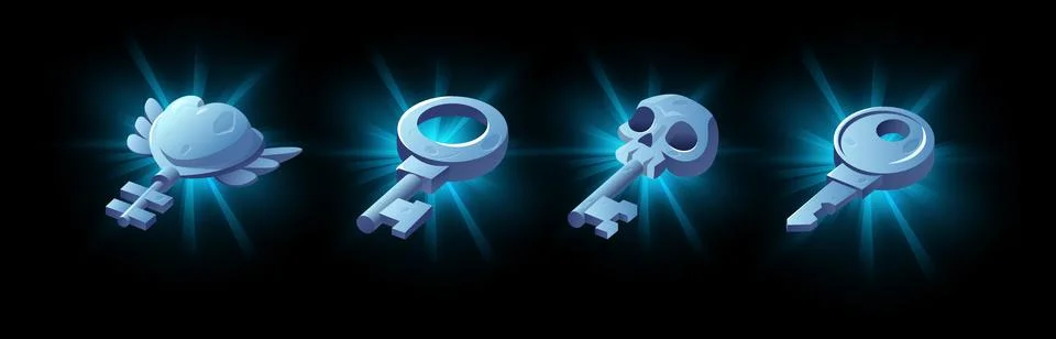 Vector icons for game design, set of shiny metal keys, isolated on black Illustrazione stock