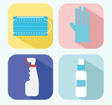Vector icons with protective gloves and mask. sanitizer for disinfection. Stock Illustration