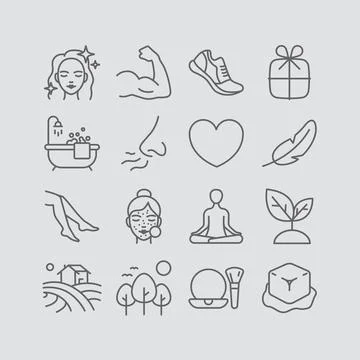 Vector Icons Representing Self-Care Themes Including Hair Care, Exercise Stock Illustration