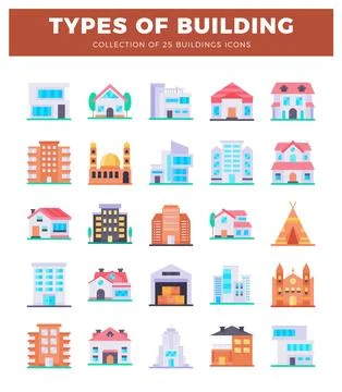 Vector icons set of 25 various building types. illustrated with flat design.. Stock Illustration