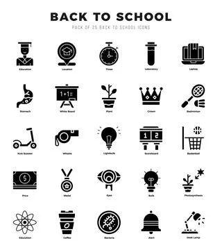Vector icons set of Back To School. Glyph style Icons. Illustrazione stock