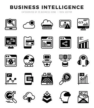 Vector icons set of Business Intelligence. Lineal Filled style Icons. Illustrazione stock