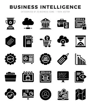 Vector icons set of Business Intelligence. Glyph style Icons. Stock Illustration