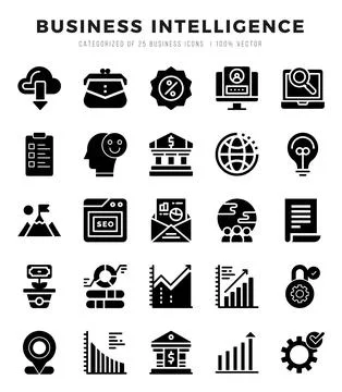 Vector icons set of Business Intelligence. Glyph style Icons. Stock Illustration