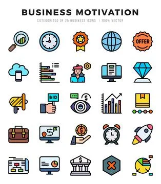 Vector icons set of Business Motivation. Lineal Color style Icons. Stock Illustration