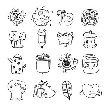 Vector Icons Set of Cartoon Objects and Characters Illustrazione stock