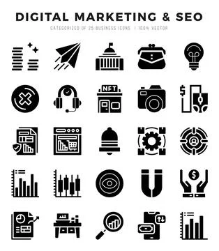 Vector icons set of Digital Marketing &amp; SEO. Glyph style Icons. Stock Illustration