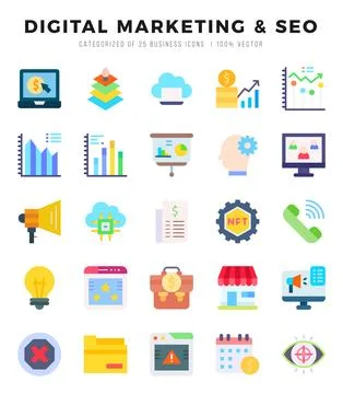 Vector icons set of DIGITAL MARKETING &amp; SEO. Flat style Icons. Stock Illustration