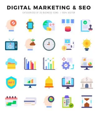 Vector icons set of DIGITAL MARKETING &amp; SEO. Flat style Icons. Stock Illustration