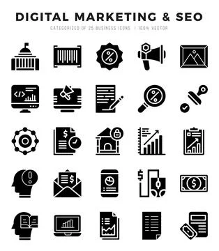 Vector icons set of Digital Marketing &amp; SEO. Glyph style Icons. 库存插图