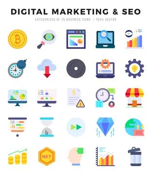 Vector icons set of DIGITAL MARKETING &amp; SEO. Flat style Icons. Stockillustratie