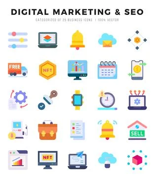 Vector icons set of DIGITAL MARKETING &amp; SEO. Flat style Icons. Stock Illustration