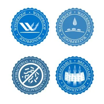 Vector icons set of fabric features. Wind proof, antibacterial, waterproof, a Stock Illustration