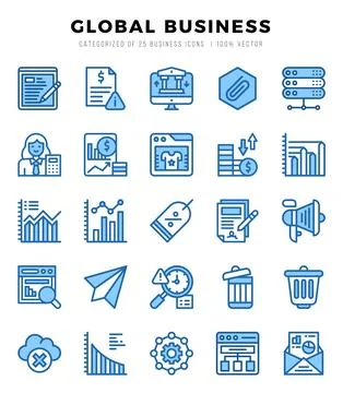 Vector icons set of Global Business. Two Color style Icons. Stock Illustration