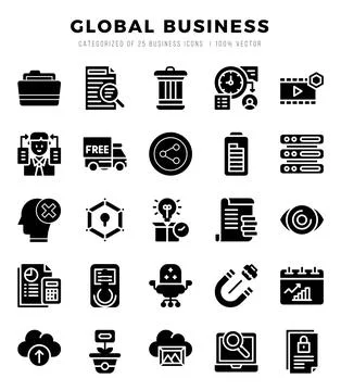 Vector icons set of Global Business. Glyph style Icons. Illustrazione stock