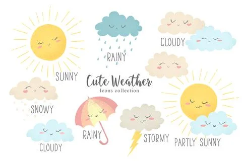 Vector icons set of hand drawn cartoon sun, umbrella, rain, snow, clouds isol Stock Illustration