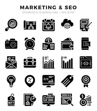 Vector icons set of Marketing &amp; SEO. Glyph style Icons. 스톡 일러스트