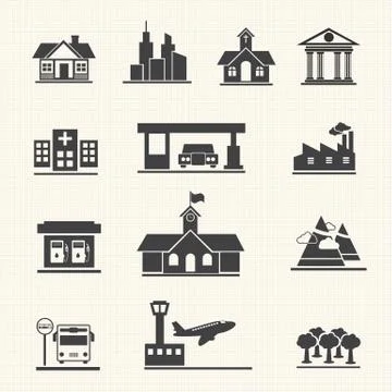 Vector icons set of places. Stock Illustration