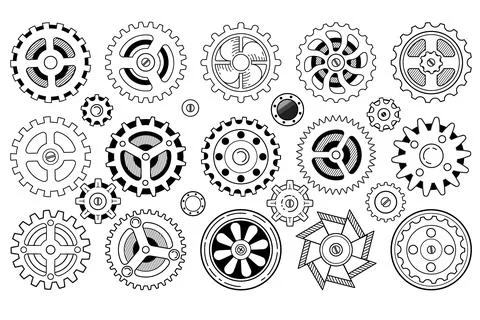 Vector icons set. Silhouette image of seample mechanisms, wheels and gears Stock Illustration
