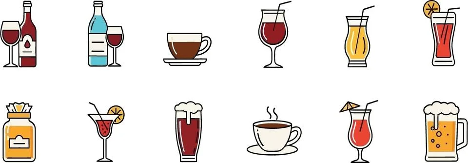 Vector Icons Set of Various Drinks, Cocktails, Coffee, Wine and Beer 스톡 일러스트