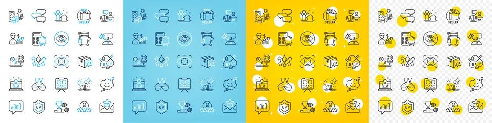 Vector icons set of Vip parcel, Tea and Eye detect line icons. For web app Stock Illustration