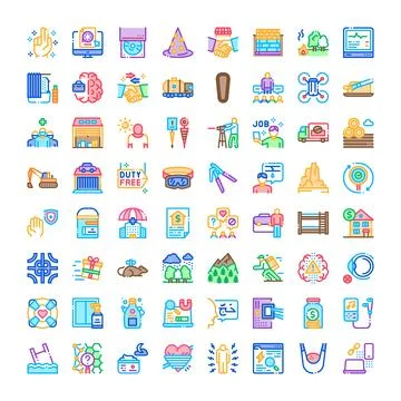 Vector icons set visualizing multiple business and industry concepts Illustrazione stock