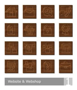 Vector icons set for website and web shop; woodcut buttons Stock Illustration