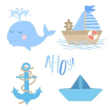 Vector icons of ship, anchor, whale, boat with the inscription Ahoy. Illustra Stock Illustration