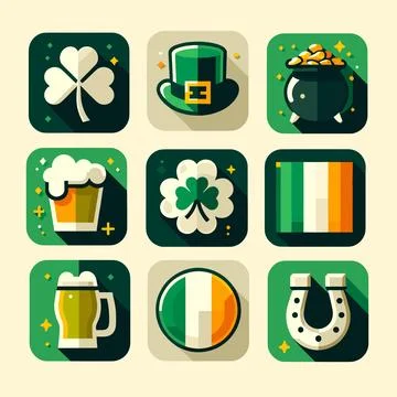 Vector Icons for St Patrick's Day on green background. Stock-Illustration
