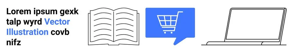 Vector icons of text, open book, blue shopping cart in speech bubble, and lap Stock Illustration
