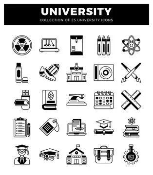 Vector icons of university-related objects and symbols on white background... Stock Illustration