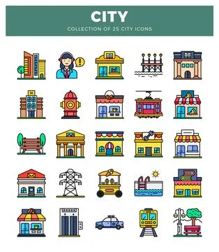 Vector icons of urban in flat design style on a white background Stock Illustration