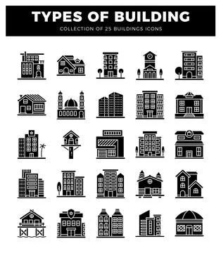 Vector icons of various building types. building icons on white background. Ilustración de archivo