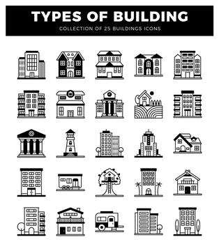 Vector icons of various building types with their roofs and windows illustr.. Ilustración de archivo