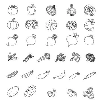 Vector icons of vegetables. Elements of products. Ilustração Stock