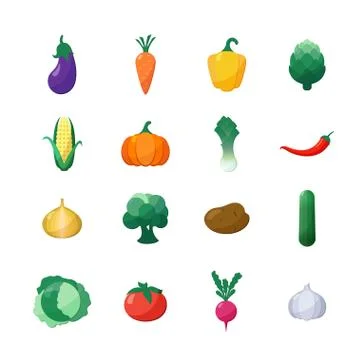 Vector Icons Vegetables Flat Style Set Isolated over White Stock Illustration