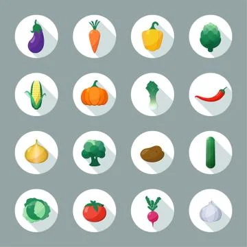 Vector Icons Vegetables Flat Style with Long Shadow Set Illustrazione stock