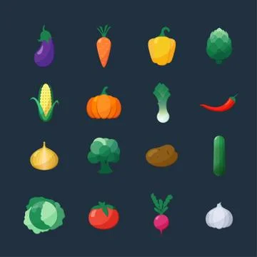 Vector Icons Vegetables Flat Style Set Isolated over Dark Background Stock Illustration