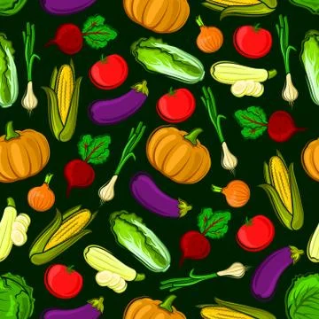 Vector icons of vegetables in seamless pattern Stock Illustration
