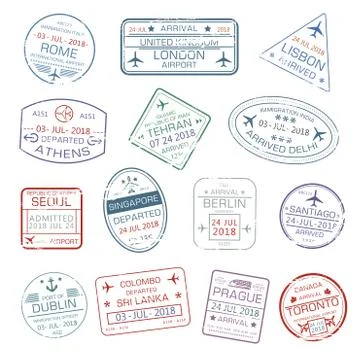 Vector icons of world travel city passport stamps Stock Illustration