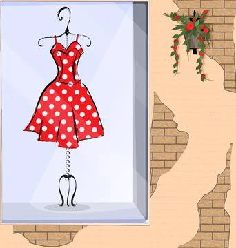Vector illistration stone wall and showcase with red dress Stock Illustration